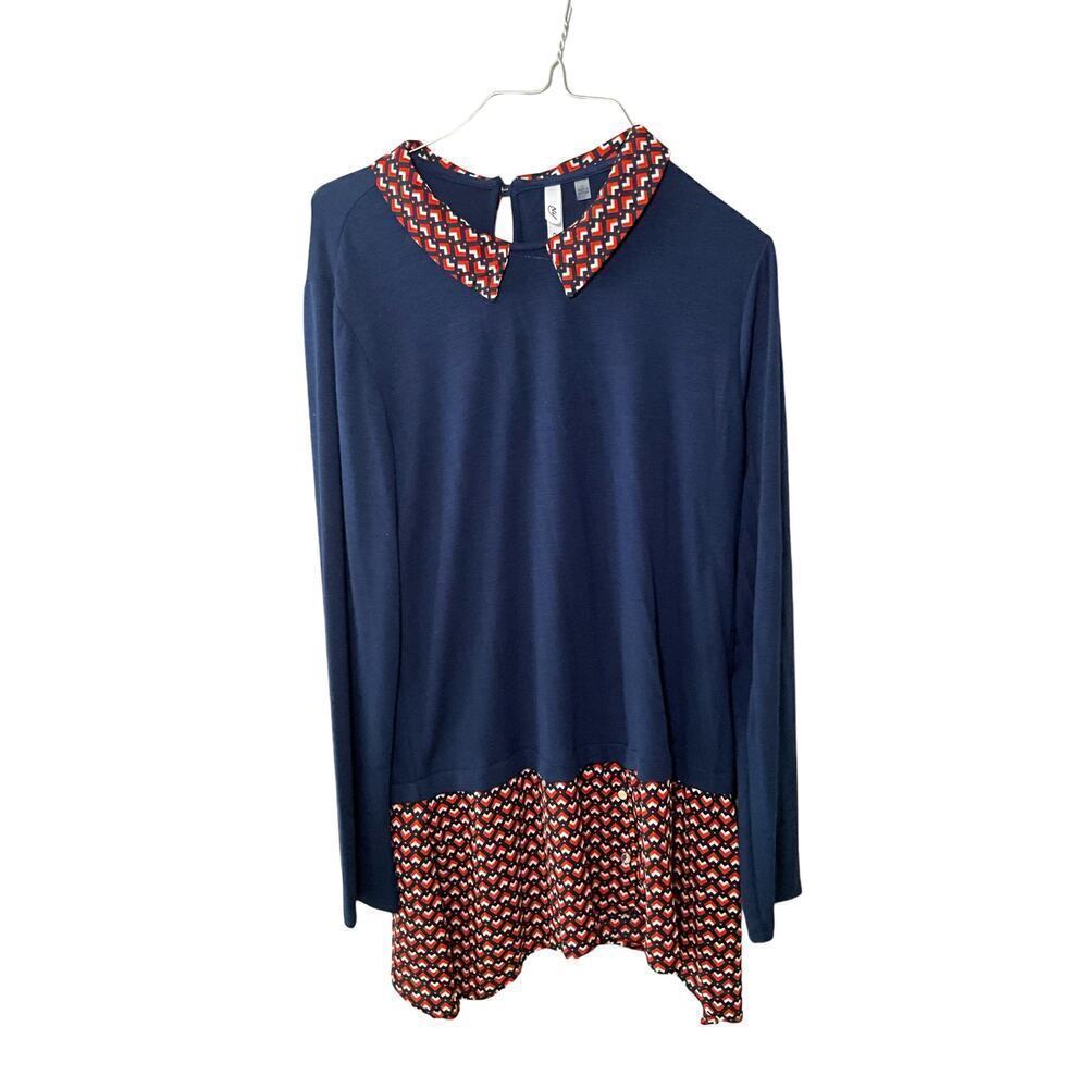 NY Collection Blouse  Long Sleeves Peter Pan Collar Heart Print Blue Large‎